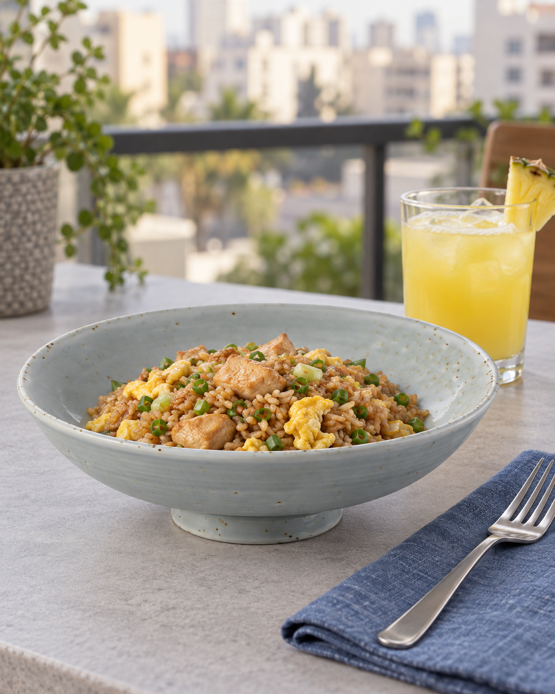 Plato hondo gris moteado Rocío con arroz chaufa, junto a bebida amarilla y servilleta azul en mesa de terraza.