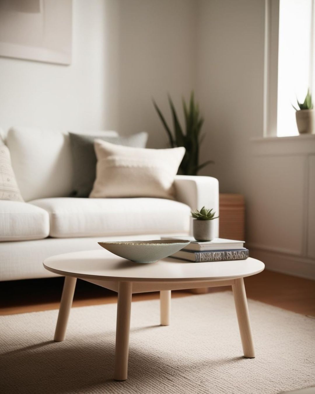 Rustic porcelain bowl on a light wood coffee table in a minimalist scandinavian attic