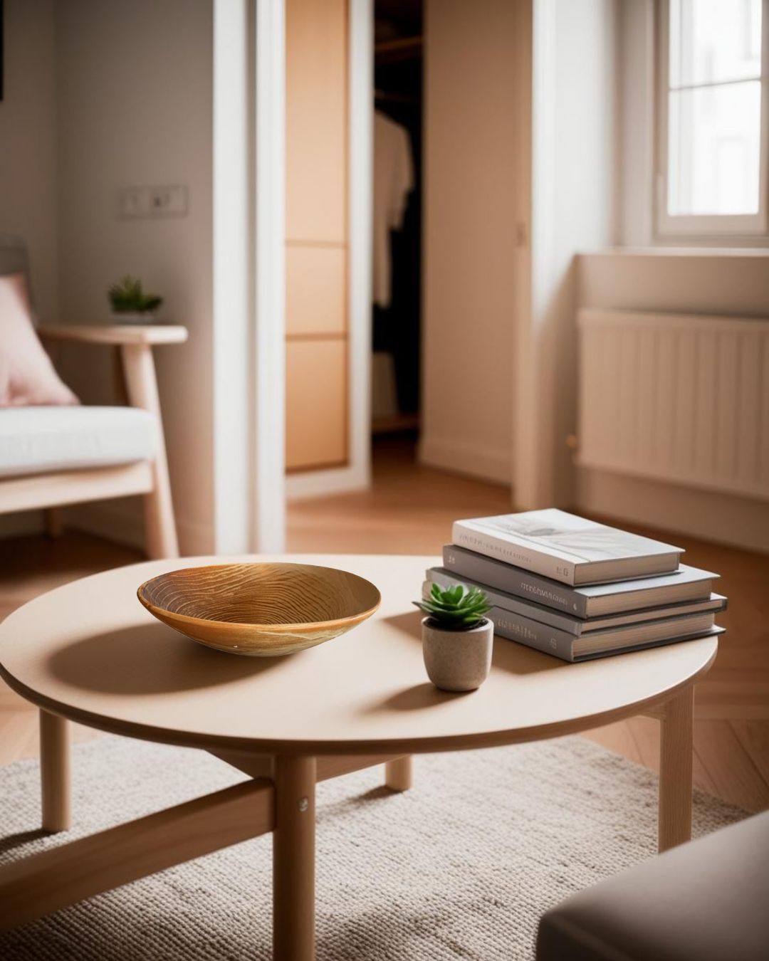 Rustic brown porcelain bowl with reactive glaze on a light coffee table in a farmhouse style attic with soft natural light