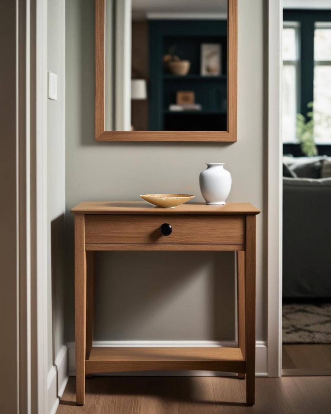 Rustic porcelain beige bowl on a wooden entry table  in a warm-toned farmhouse entry