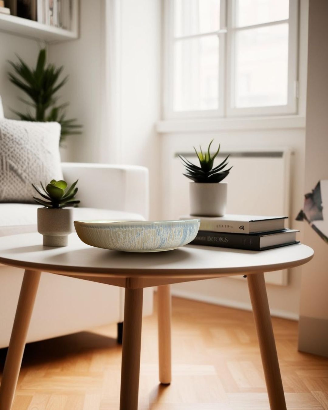Rustic porcelain bowls on a coffee table in a bright and airy attic living room