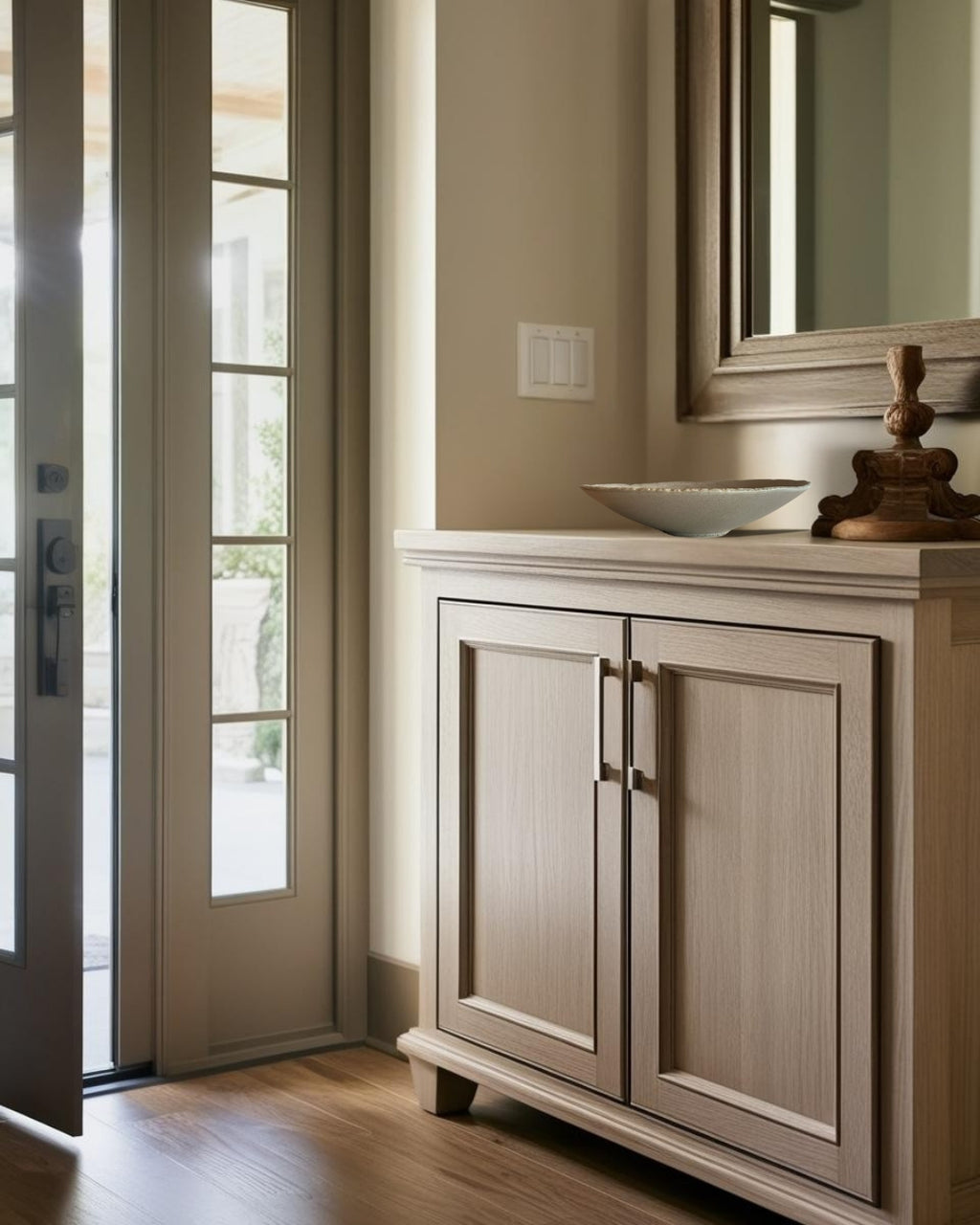 Rustic shallow porcelain gray bowl on a white entry table in a bright farmhouse style entry