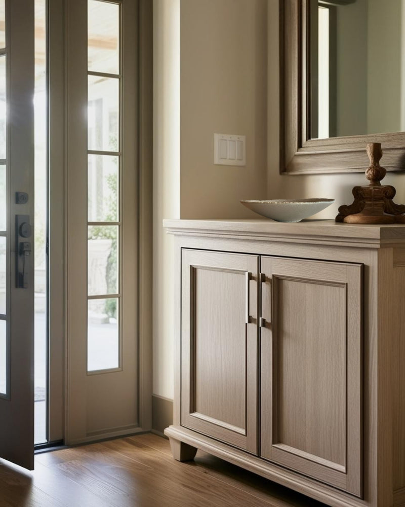 Rustic shallow porcelain gray bowl on a white entry table in a bright farmhouse style entry