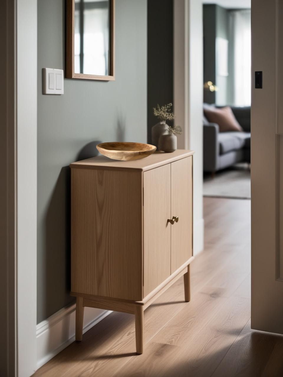 Rustic shallow wooden bowl on a light wood entry table in a farmhouse style entryway with natural light

