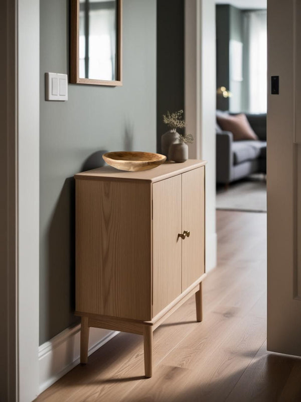 Rustic shallow wooden bowl on a light wood entry table in a farmhouse style entryway with natural light


