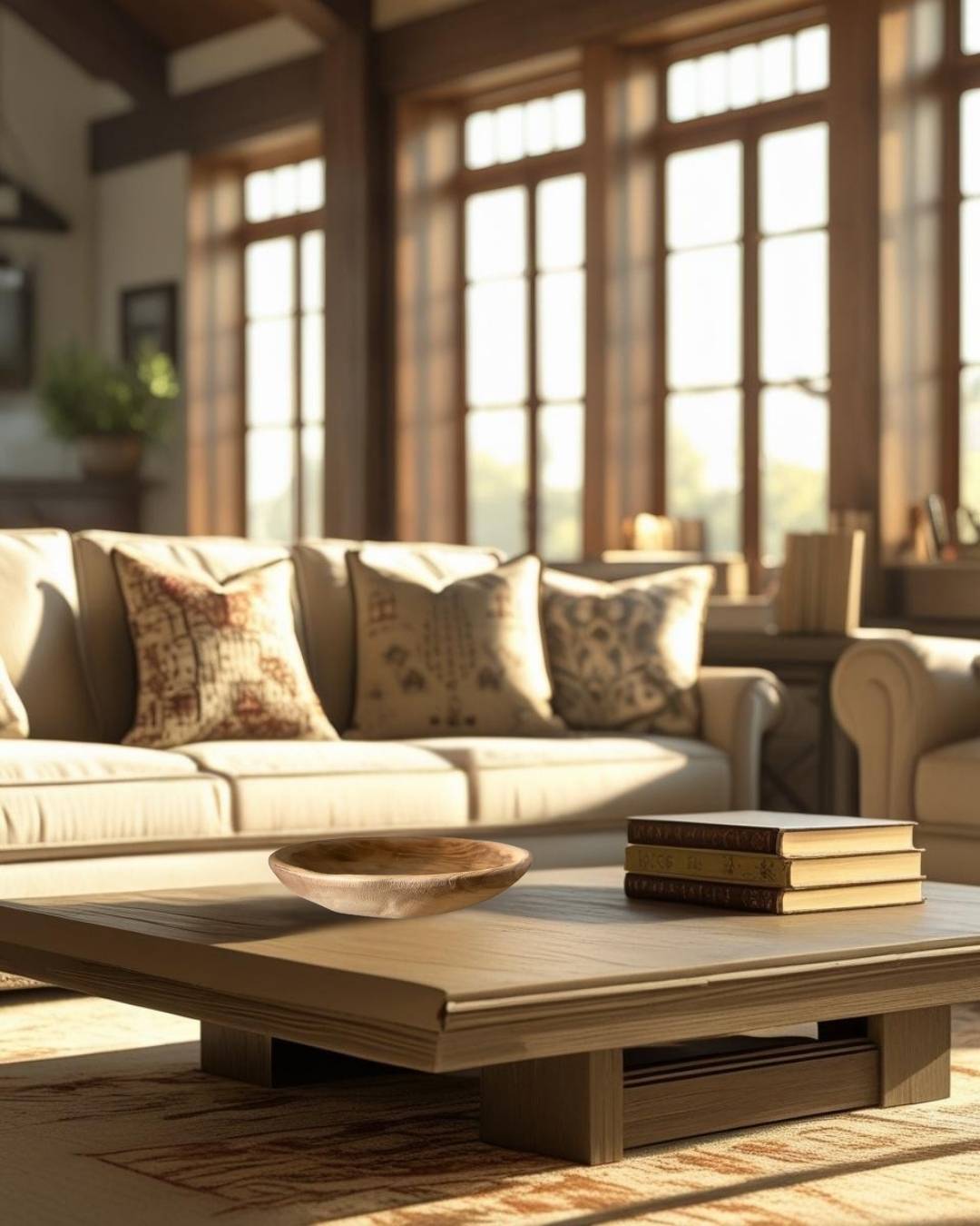 Rustic shallow wooden decorative bowl on a low wood coffee table in a farmhouse style living room with beige sofa and patterned cushions