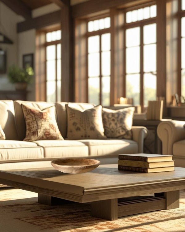 Rustic shallow wooden decorative bowl on a low wood coffee table in a farmhouse style living room with beige sofa and patterned cushions