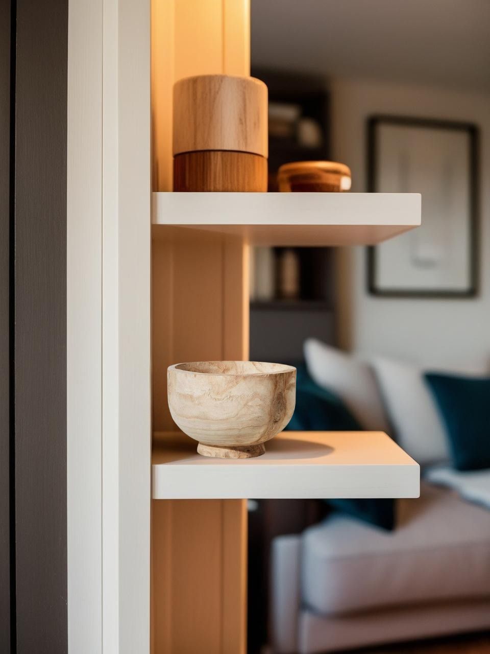 Rustic wooden bowl on a floating wooden shelf in a Scandinavian style interior with clean lines
