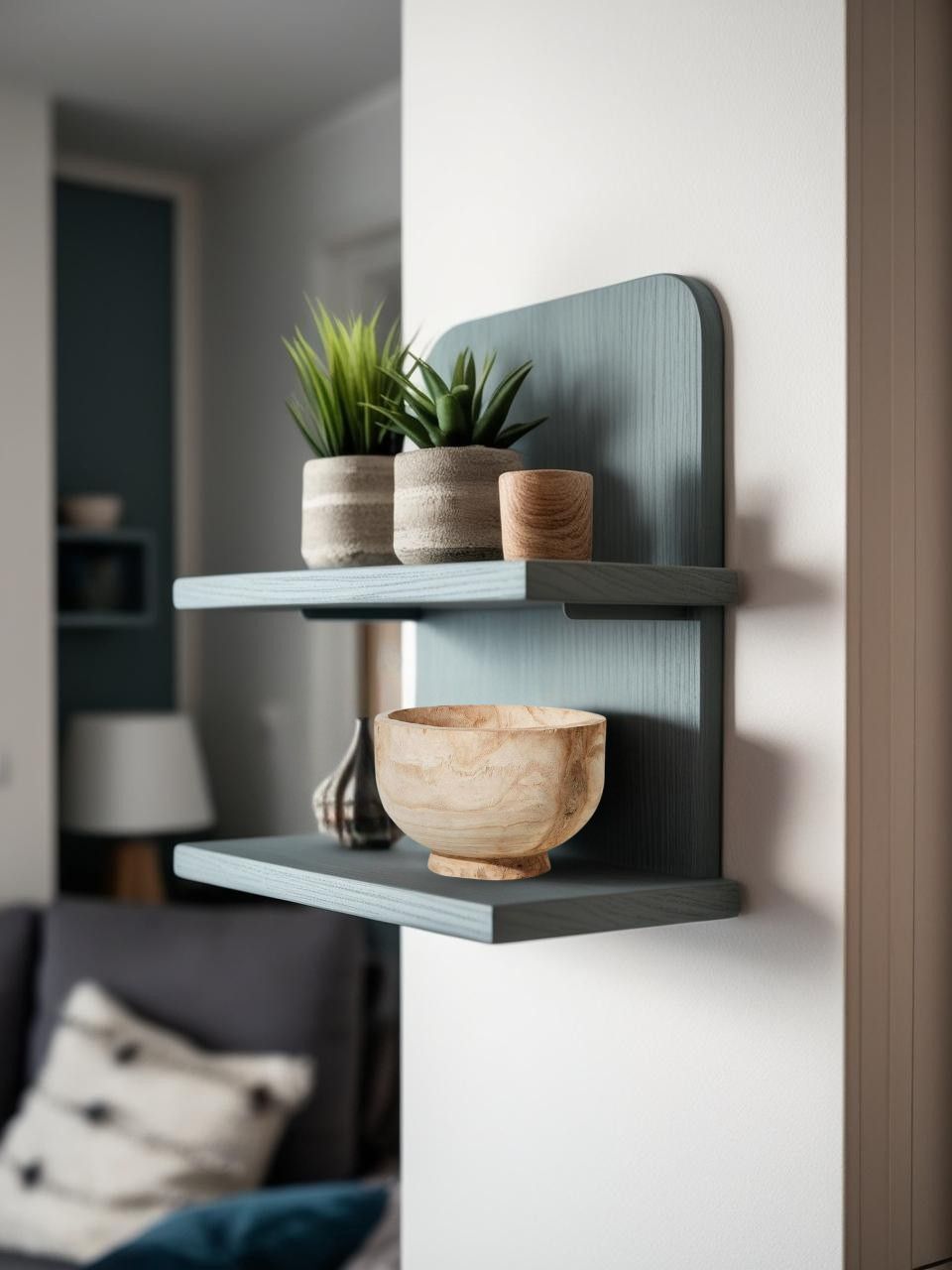 Rustic wooden bowl on a built-in shelf in a Scandinavian style attic with neutral decor and potted plant
