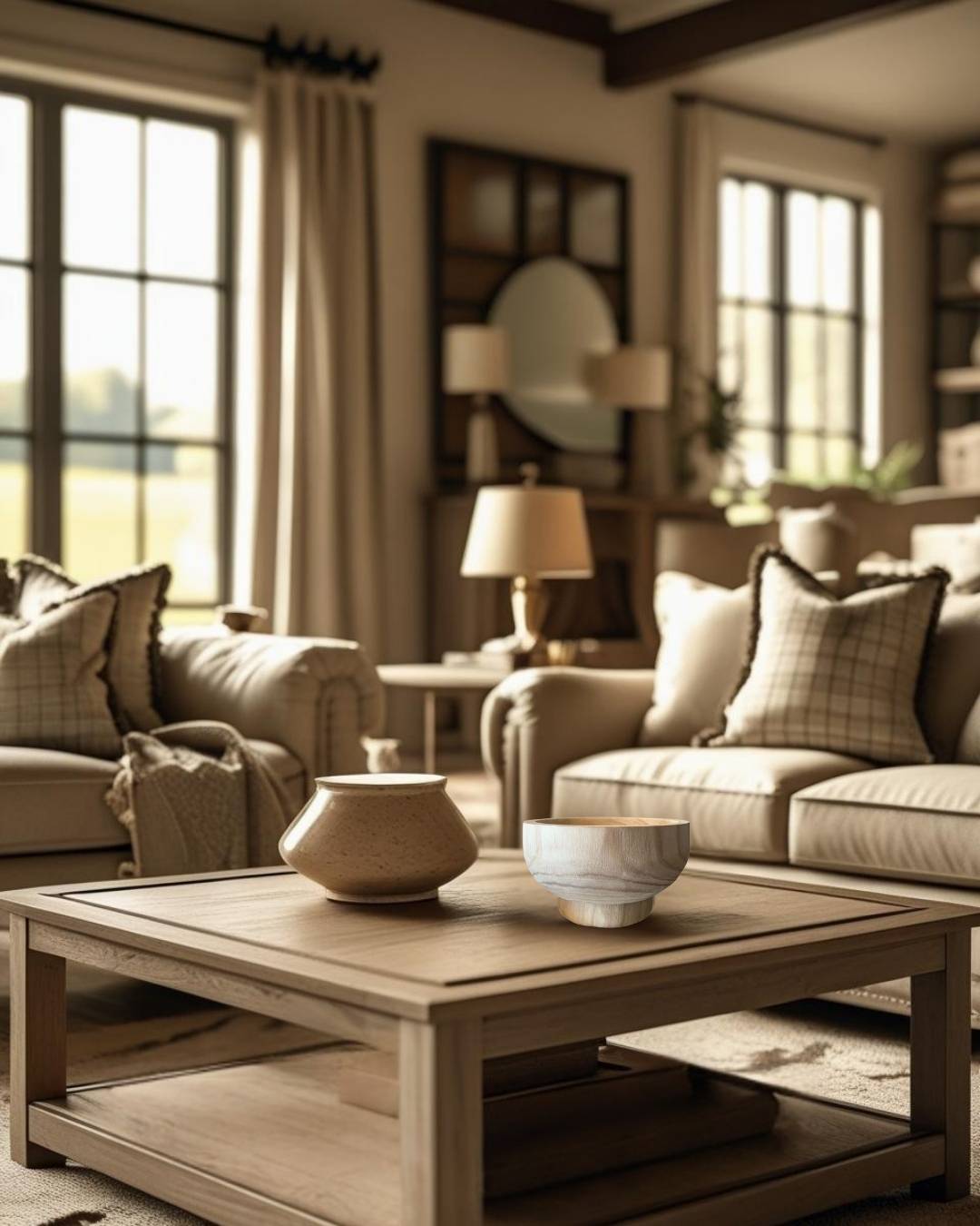 Rustic wooden bowl on a low coffee table in a cozy farmhouse style living room with neutral tones and soft lighting