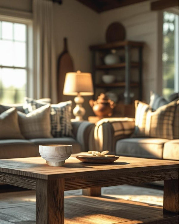 Rustic wooden bowl on a wooden coffee table in a farmhouse style living room with plaid cushions and warm lighting