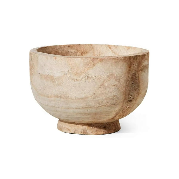 Front view of rustic wooden bowl isolated on white background