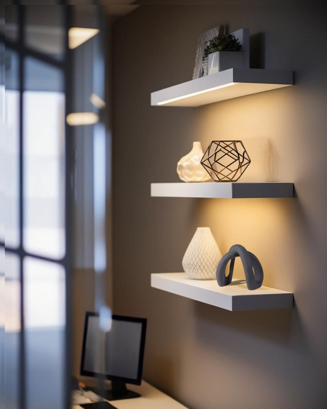 Sculptural decorative accent on white floating shelf in farmhouse style home office