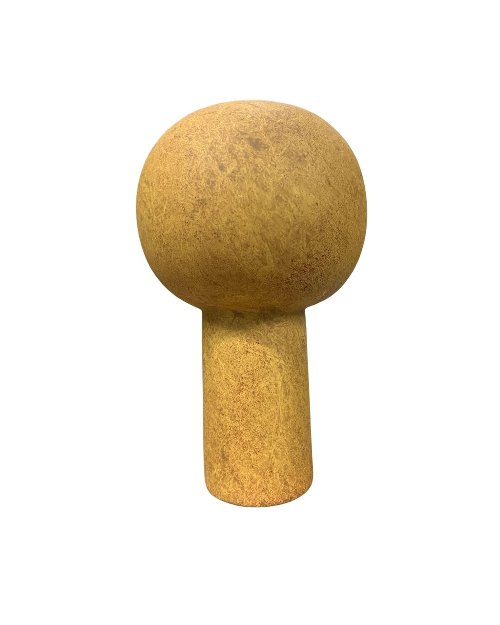 Front view of a sculptural ceramic vase in ochre yellow with bold spherical shape