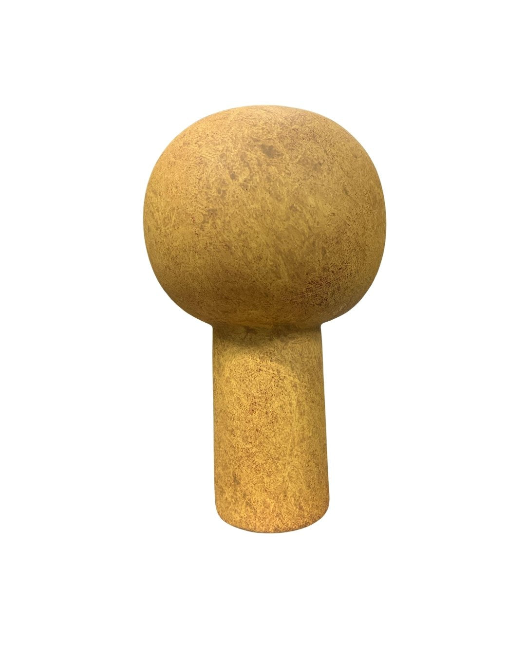 Front view of a sculptural ceramic vase in ochre yellow with bold spherical shape