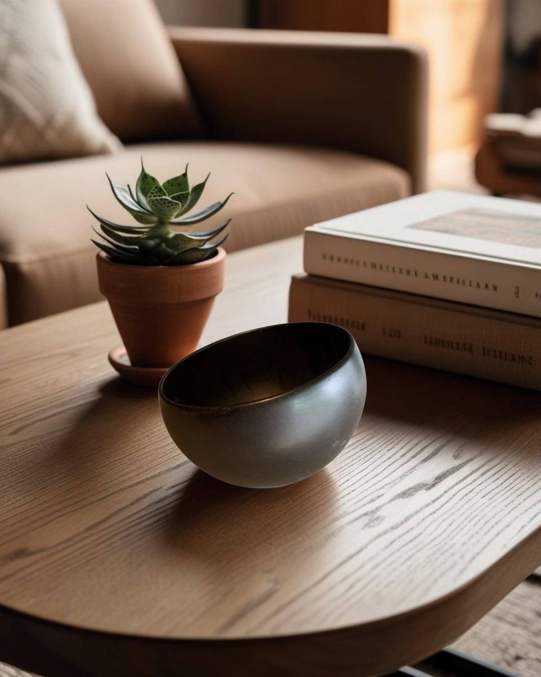 Small black ceramic bowl on wooden coffee table in modern living room setting