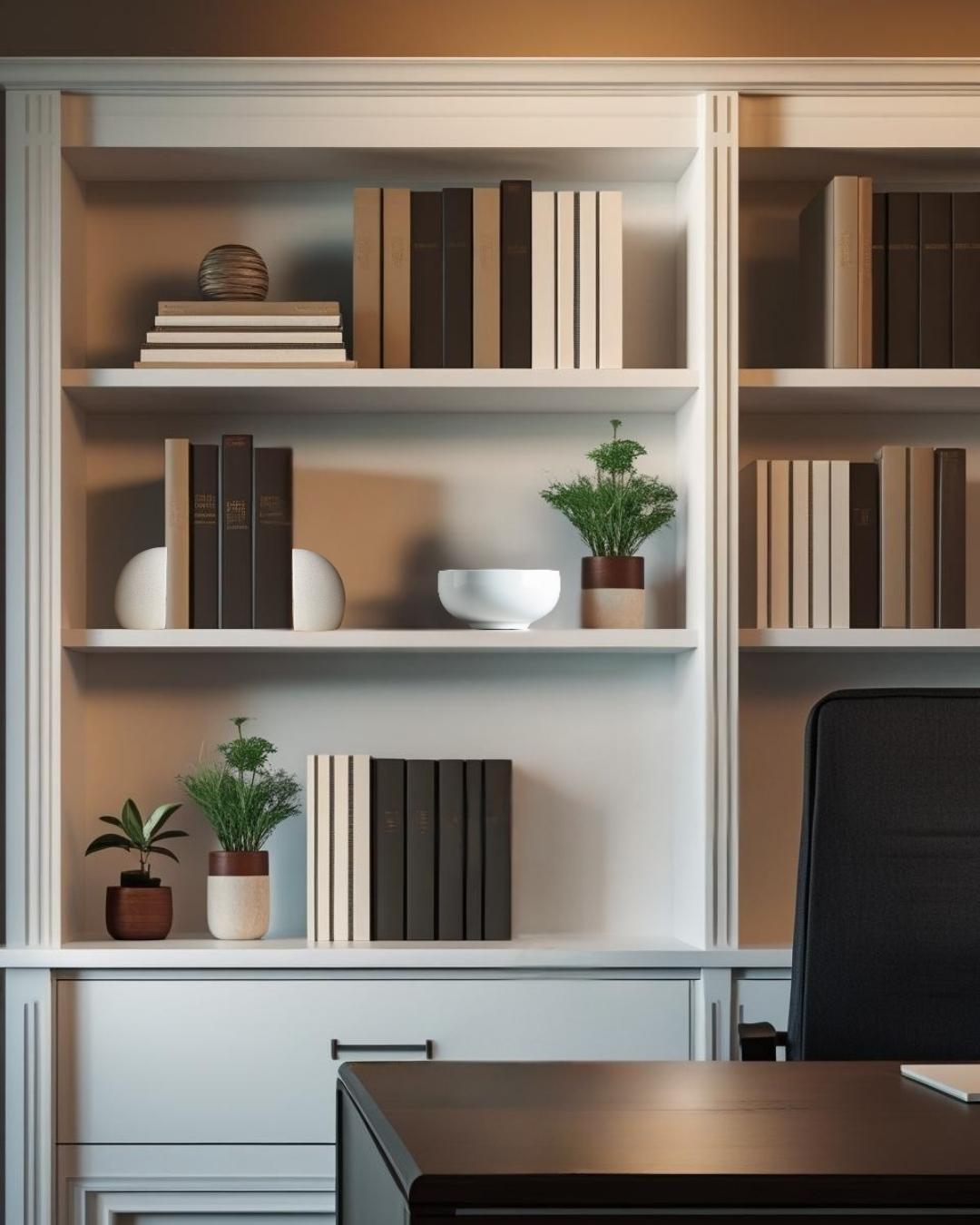 Sculptural white decorative bookend on a white bookcase shelf in a rustic-modern home office with neutral decor