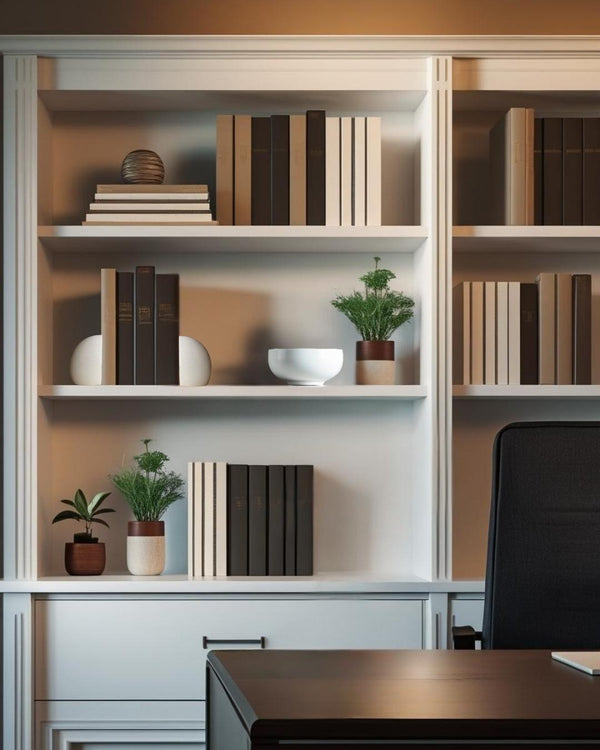 Sculptural white decorative bookend on a white bookcase shelf in a rustic-modern home office with neutral decor