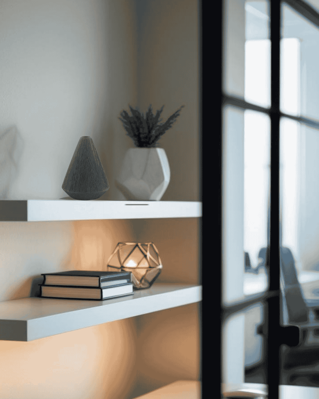 green vase on a white floating shelf in a Scandinavian  home office  in an house
