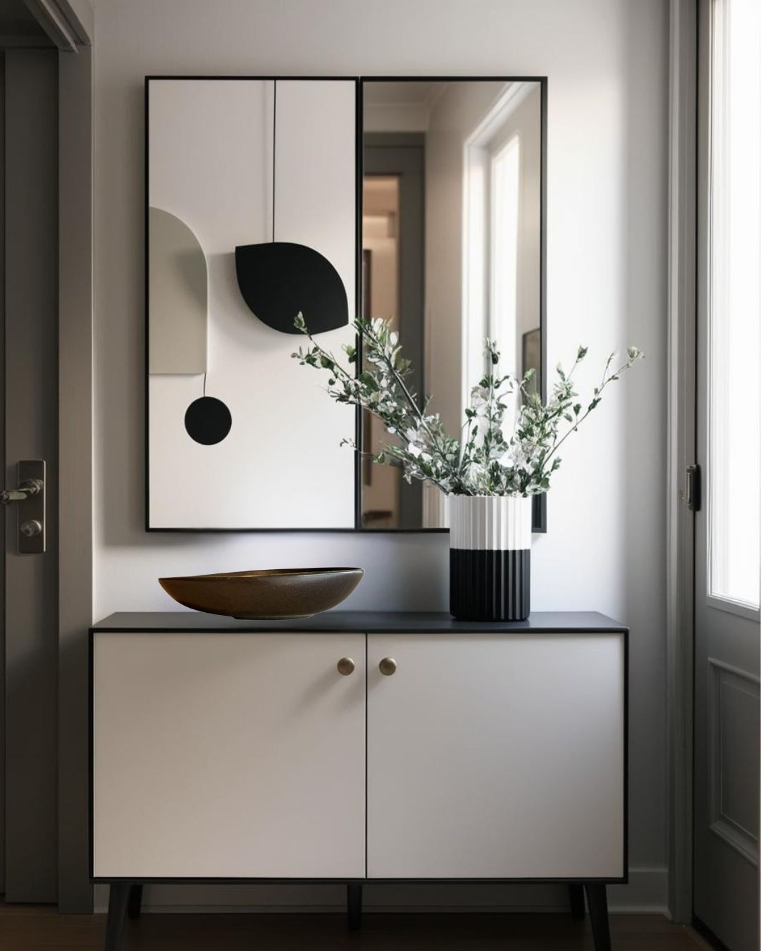 Shallow black sculptural porcelain bowl on a entry table console in a Scandinavian style entryway with round mirror and ceramic vase