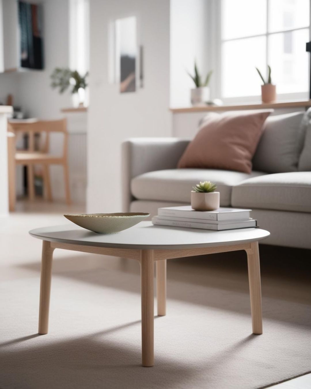 Shallow bowl on a white coffee table in a soft and airy attic living room