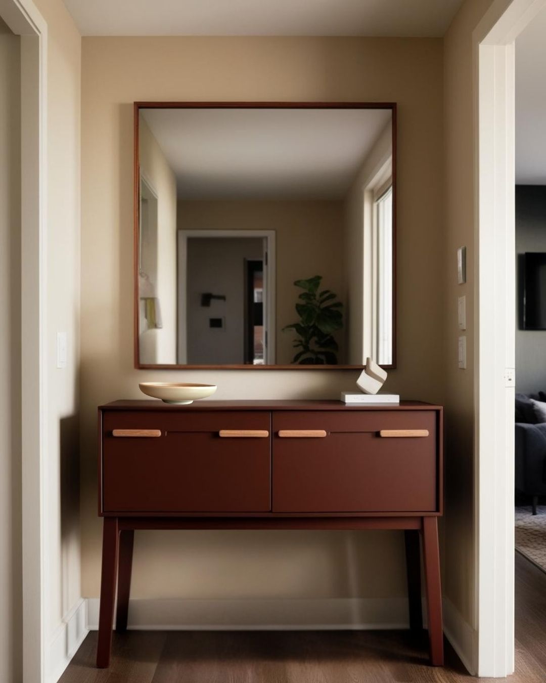 Shallow porcelain bowl on a brown entry table in a Scandinavian style hallway with round mirror and neutral walls