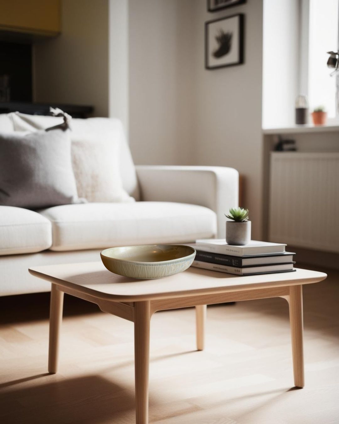  Shallow porcelain bowl on a wooden coffee table in a bright farmhouse style attic living room