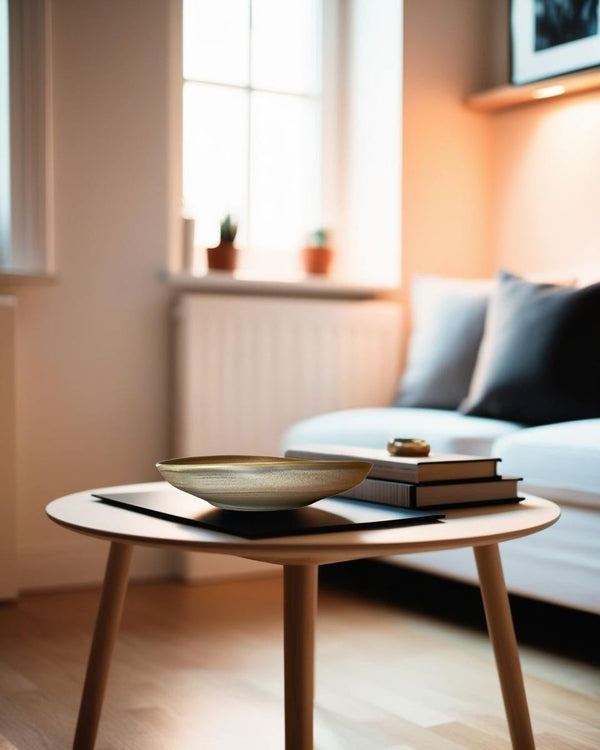 Shallow porcelain bowl on a wooden coffee table in a compact Scandinavian style attic with soft natural light