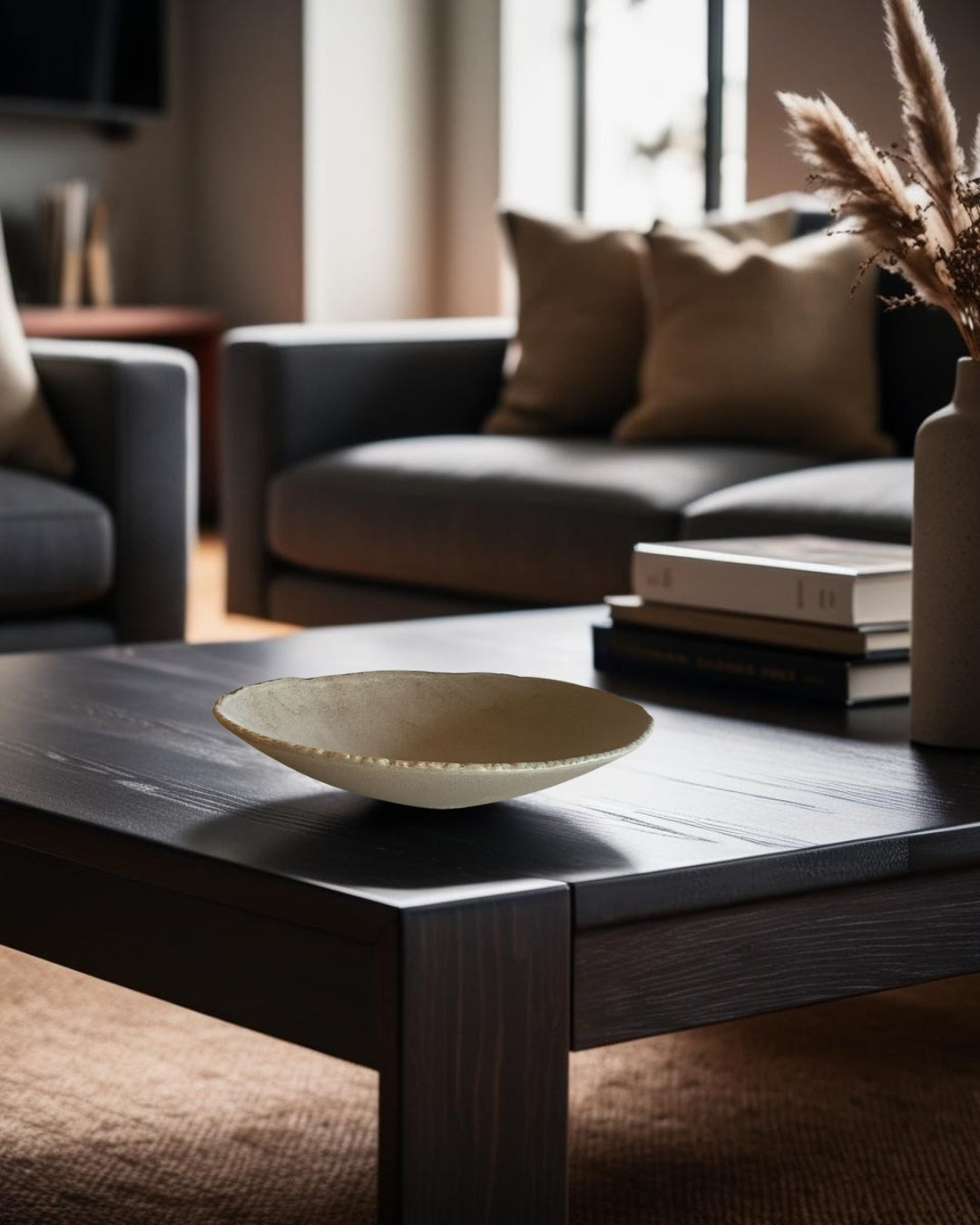 Shallow porcelain bowl on a dark coffee table in a moody farmhouse living room