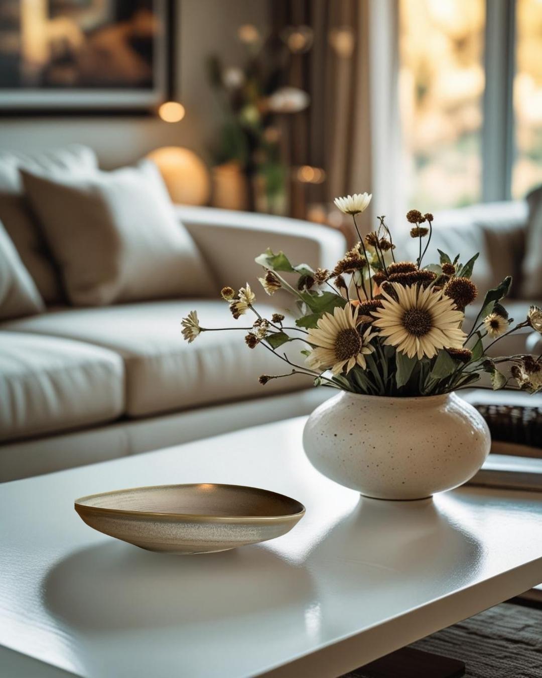 Shallow porcelain bowl on a coffee table in an elegant farmhouse style living room with warm lighting