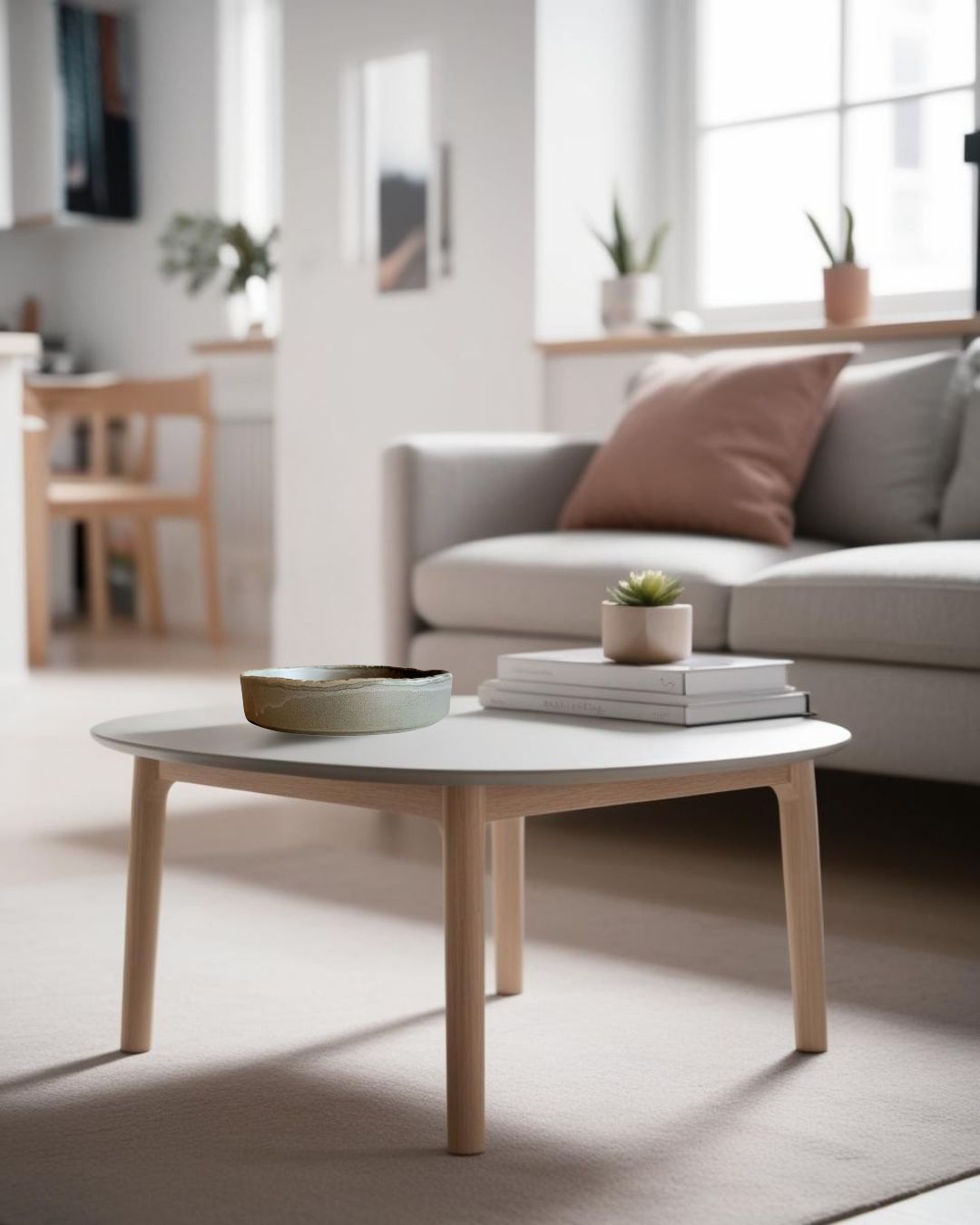 Shallow decorative porcelain bowl on a round light wood coffee table in a Scandinavian style attic with white sofa and natural light