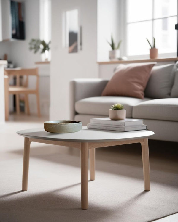 Shallow decorative porcelain bowl on a round light wood coffee table in a Scandinavian style attic with white sofa and natural light