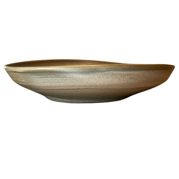 Side view of shallow porcelain bowl isolated on white background for product display