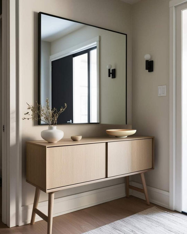Pair of shallow porcelain bowls on a light wood console in a Scandinavian style entry table with large mirror and minimalist decor