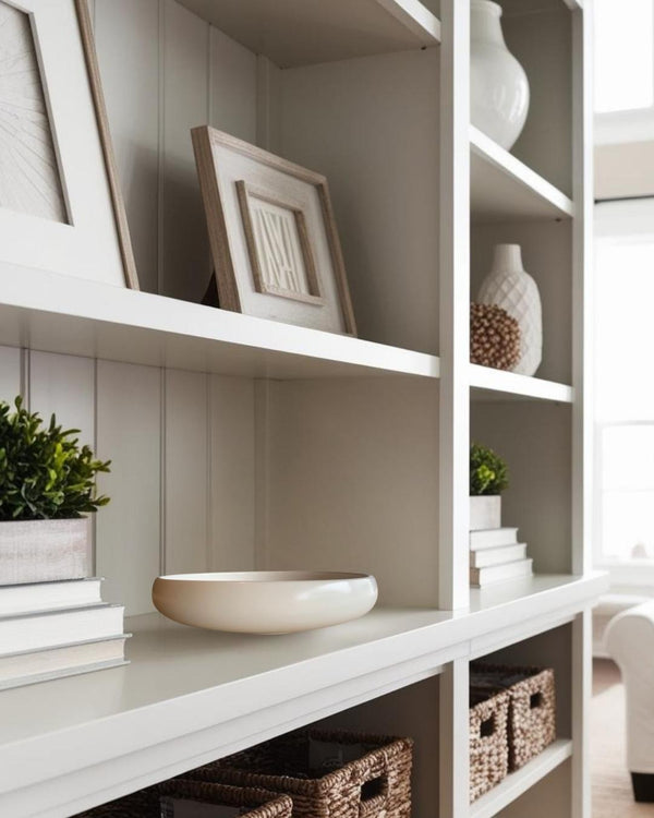 Shallow white porcelain bowl on a white shelf in a bright farmhouse style living room