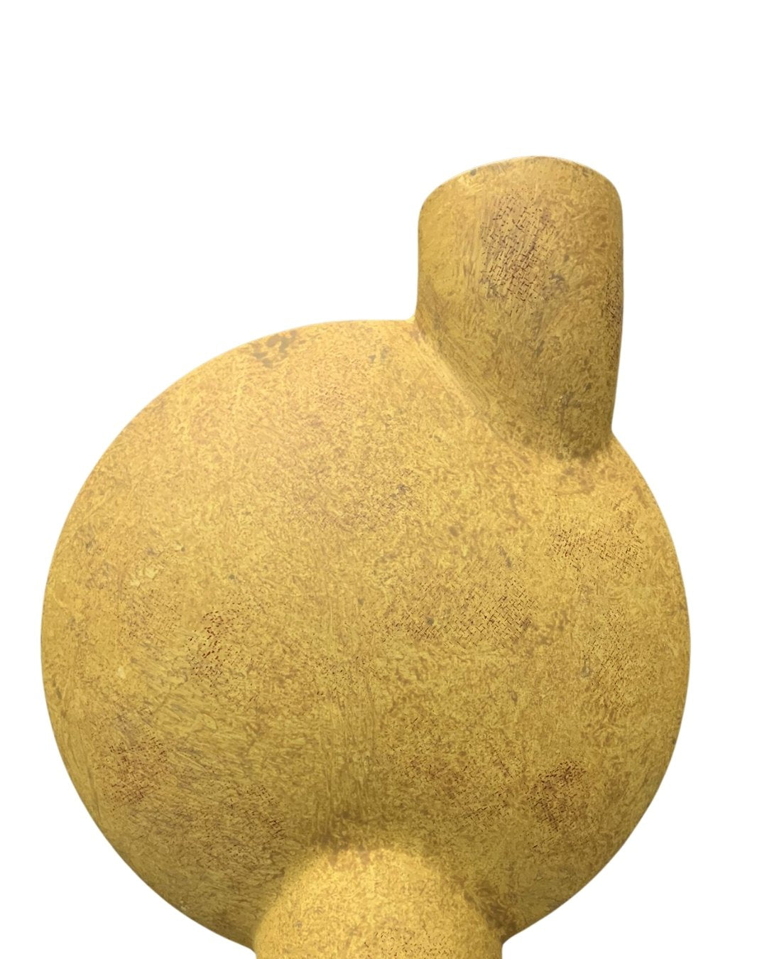Isolated side view of an ochre yellow sculptural vase with rounded silhouette