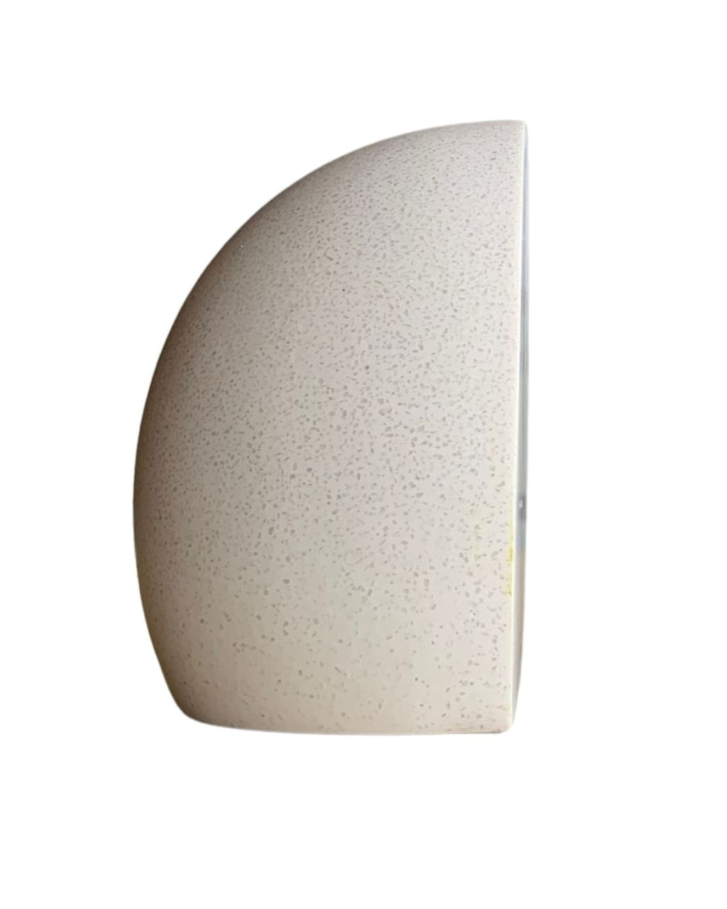 Side view of minimalist sculptural white bookend, isolated on white background
