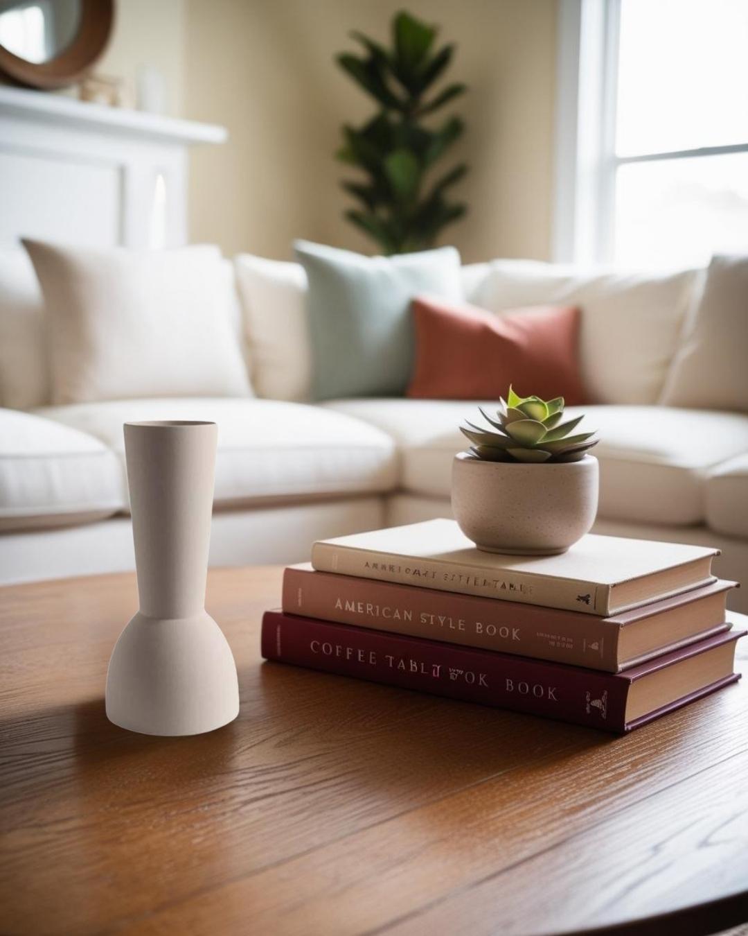 small beige vase on coffee table in a compact farmhouse living room