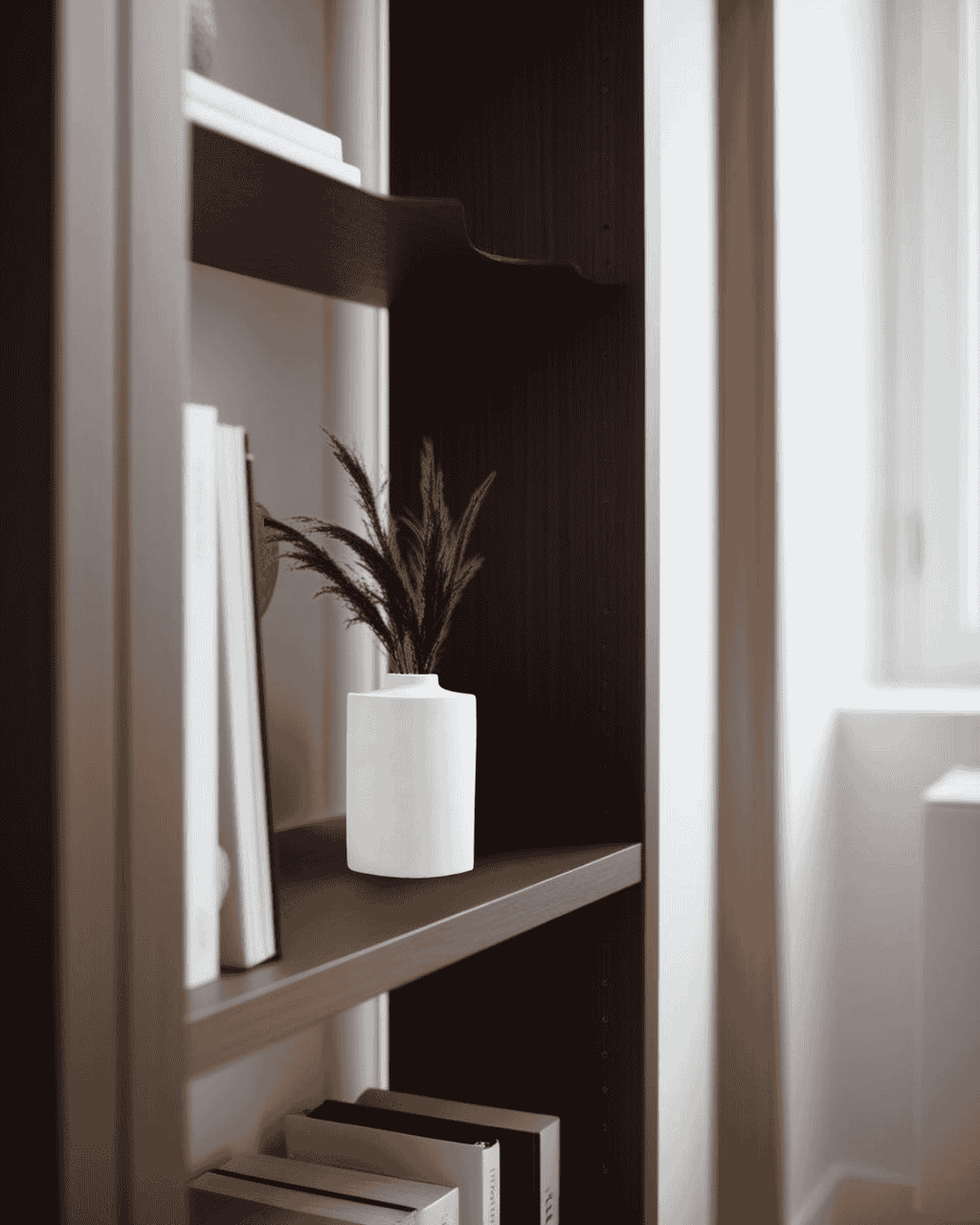 Small concrete vase on a dark bookcase near a window in a minimalist home office


