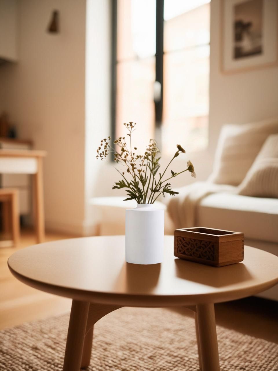 Small concrete vase with delicate flowers on a round wooden coffee table in a minimalist attic room