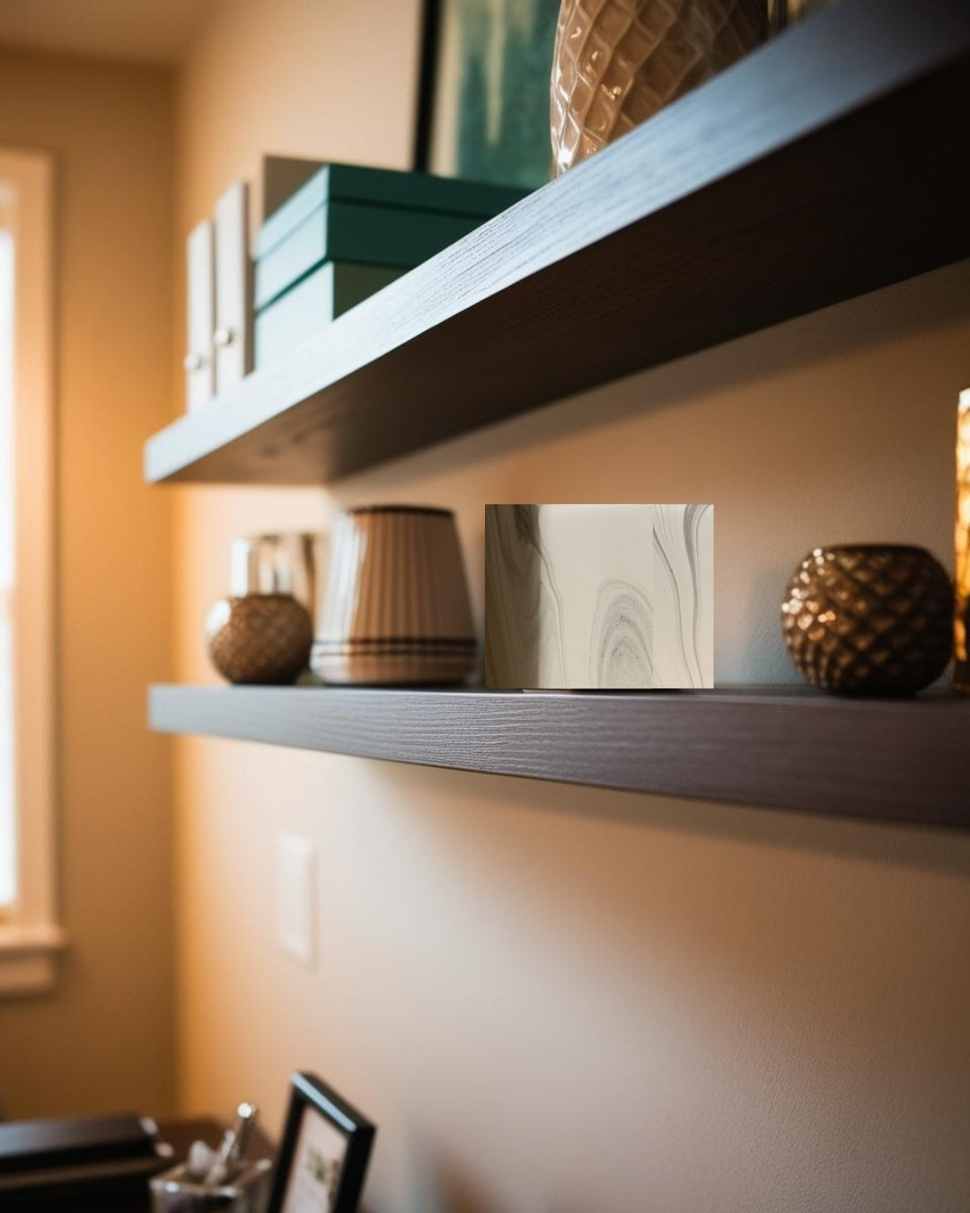 Square decorative accent on black floating shelf with warm lighting in cozy home office
