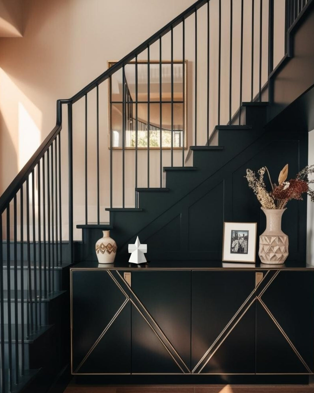 White star-shaped geometric accent on black entry table in farmhouse entry with staircase