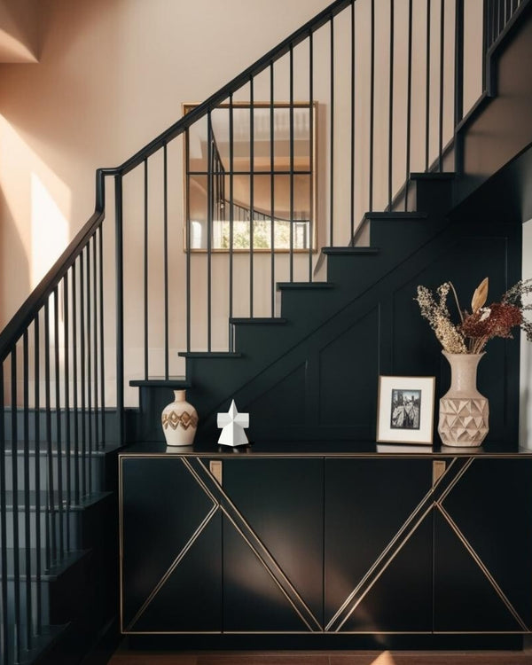 White star-shaped geometric accent on black entry table in farmhouse entry with staircase