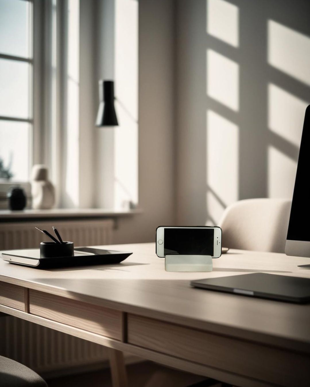 Decorative mobile phone holder on wood desk in minimalist office with natural daylight