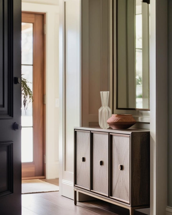 Tall beige geometric vase on a wooden entry table in a bright entry of a minimalist house