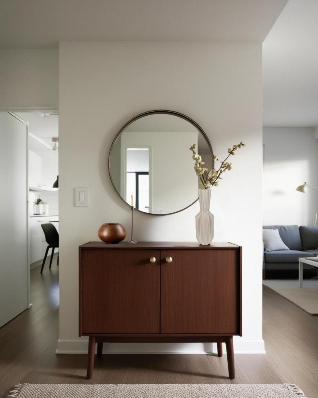 Tall beige geometric vase on a wooden entry table with round mirror in a minimalist entry