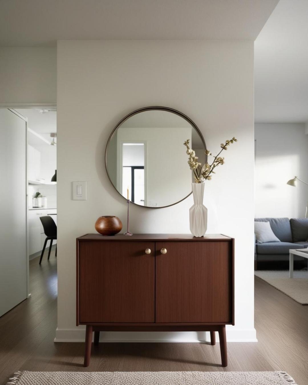 Tall beige geometric vase on a wooden entry table with round mirror in a minimalist entry