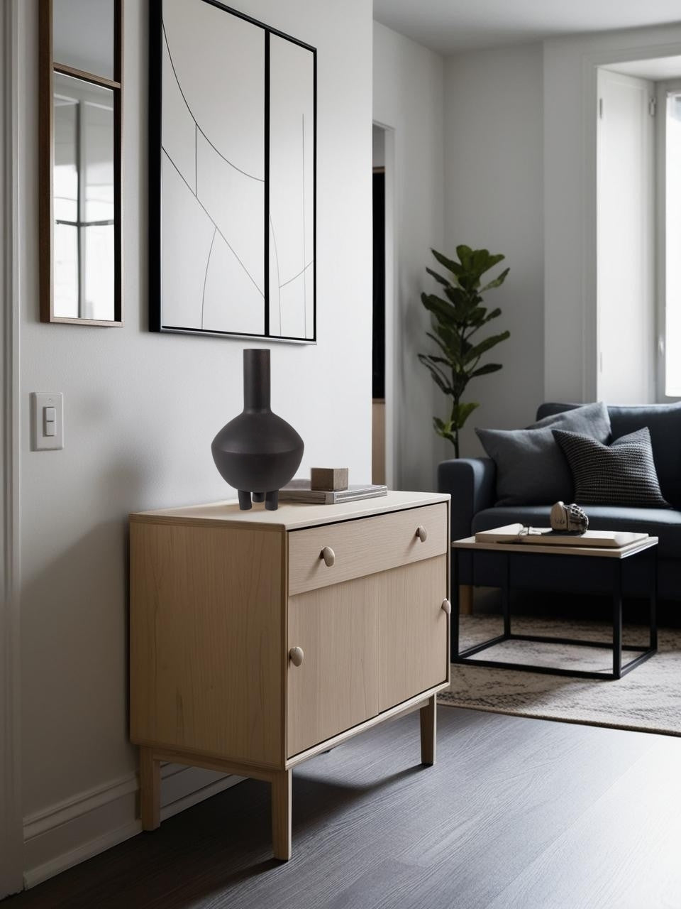 Tall black ceramic sculptural  Wabi-Sabi Japandi vase on light entry table in a style entry

