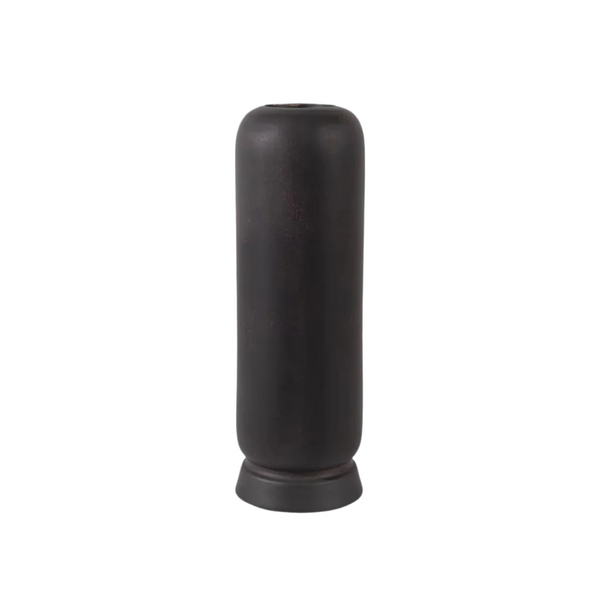 Modern wabi-sabi black ceramic cylindrical vase with matte finish, product photo on white background.