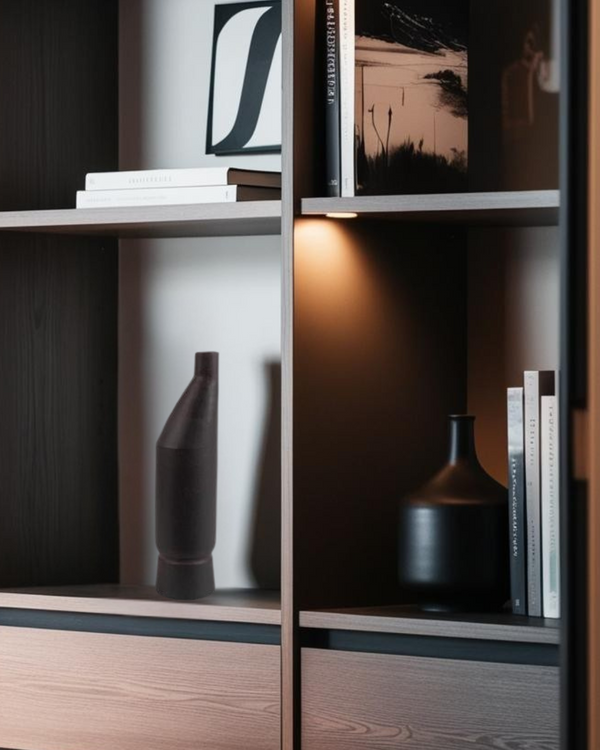 Tall black ceramic vase displayed on a modern wooden shelf with minimalist decor, featuring monochrome books and abstract artwork in a contemporary interior.







